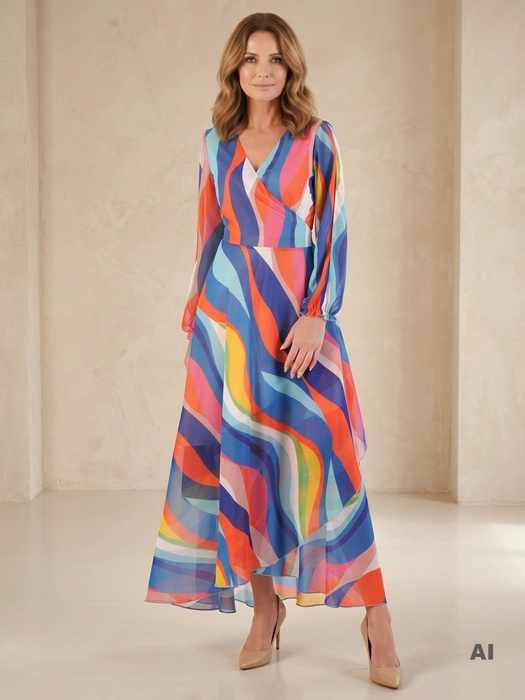 Elegancka sukienka rozkloszowana maxi w modny wzór – wiązanie w pasie modelujące sylwetkę 33091