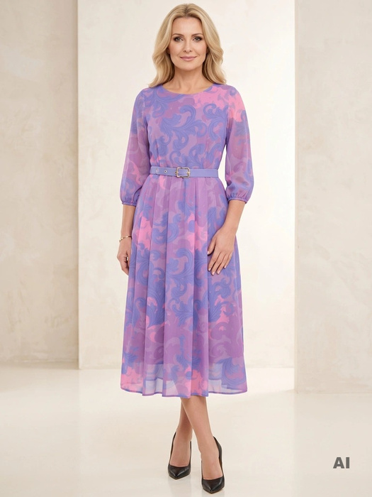 Śliwkowa sukienka rozkloszowana maxi we wzór – elegancki fason wysmuklający talię 39851