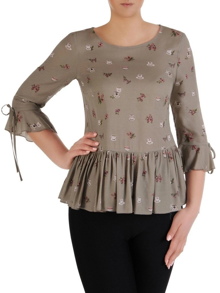 Elegancka bluzka wiskozowa z falbaną khaki – tuszujący biodra rozkloszowany fason 19954