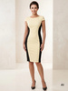 Żółta sukienka midi o prostym kroju z czarnymi wstawkami – wyszczuplające panele boczne i dekolt łódka 3261