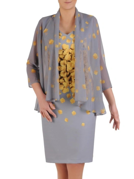 Elegancka garsonka damska na wesele w liście z prostą sukienką midi – zaszewki modelujące figurę 25575