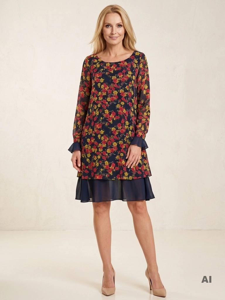 Jesienna sukienka trapezowa midi w kwiaty – swobodny krój z elegancką falbaną 31659