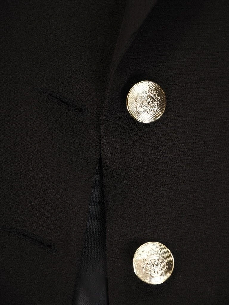 Klasyczny czarny żakiet damski z kołnierzem szalowym i złotymi guzikami – wysmuklający prosty fason idealny do biura 23245