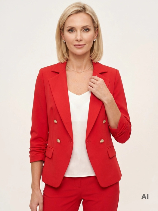 Elegancka czerwona marynarka taliowana do sukienki – podkreślający talię fason z guzikami 32156