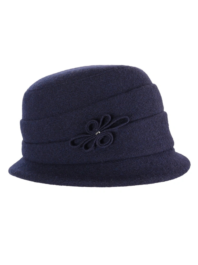 Elegancki kapelusz damski zimowy cloche granatowy – ocieplany fason z wywiniętym rondem 42450