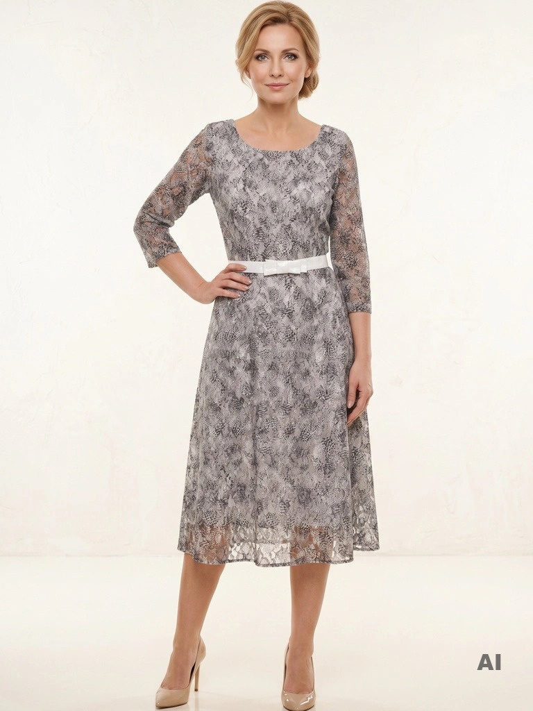 Elegancka sukienka rozkloszowana midi z rękawem 3/4 – stylowy czarno-biały wzór z paskiem w talii 37665
