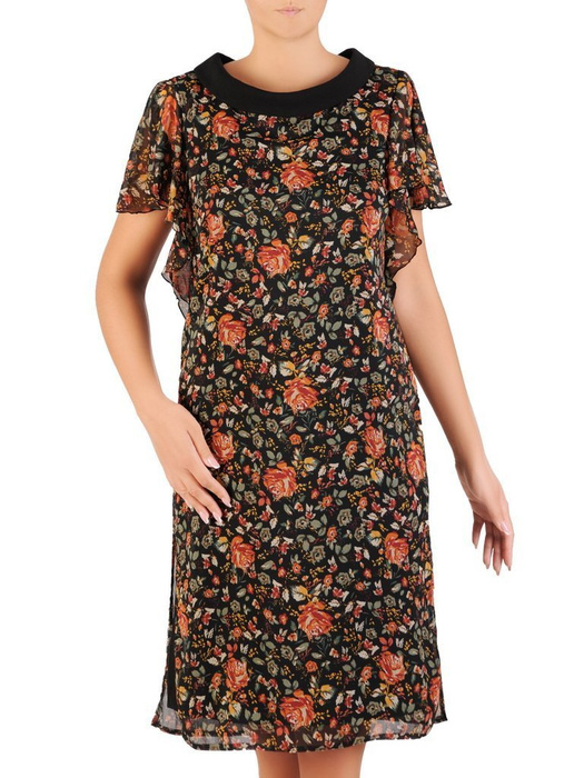 Nowoczesna sukienka w kwiaty, kreacja z modnym kołnierzem 27054