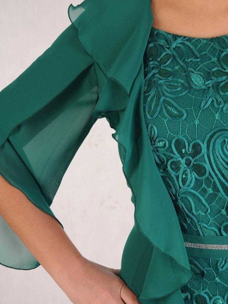 Zielona sukienka rozkloszowana wizytowa na wesele i święta – fason w kwiaty modelujący talię 28115