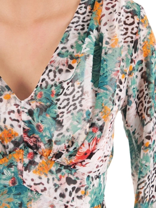 Elegancka sukienka rozkloszowana midi w kwiaty – marszczony dekolt i fason modelujący talię 38033
