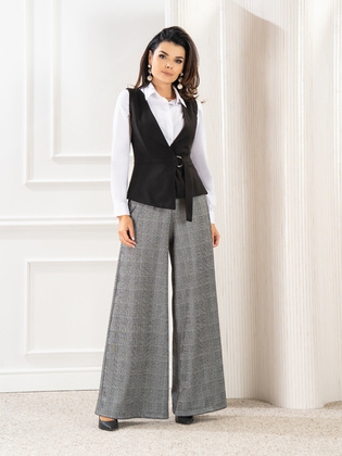 Szerokie spodnie damskie, eleganckie spodnie w kratkę z wysokim stanem, kieszenie, duże rozmiary 36750