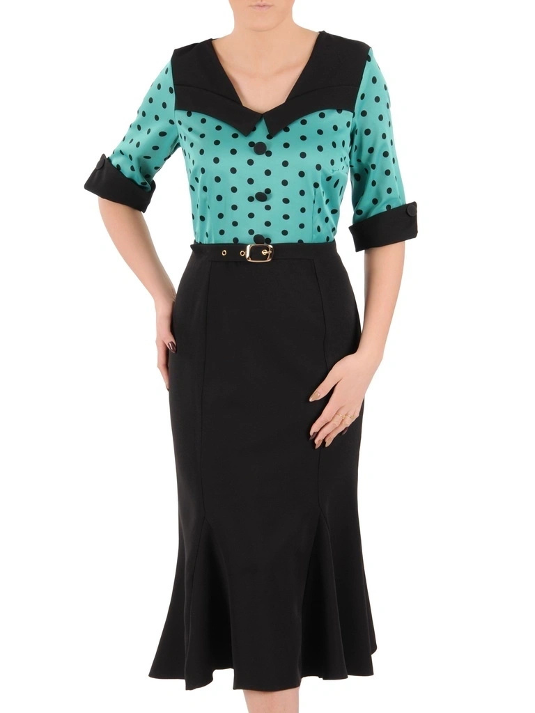 Elegancka czarna sukienka syrenka w zielone grochy – kobieco modelujący fason z paskiem 37474