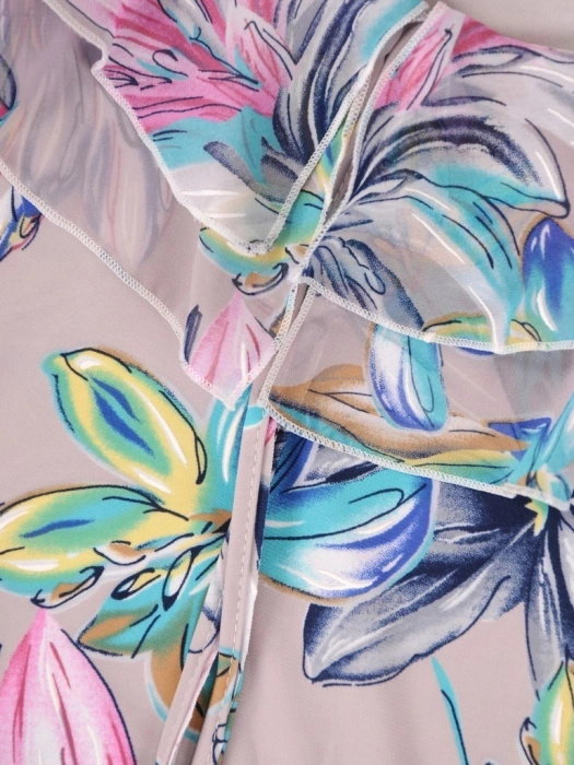 Elegancka szara bluzka wizytowa w kwiaty – prosty fason z szyfonowym detalem 35896