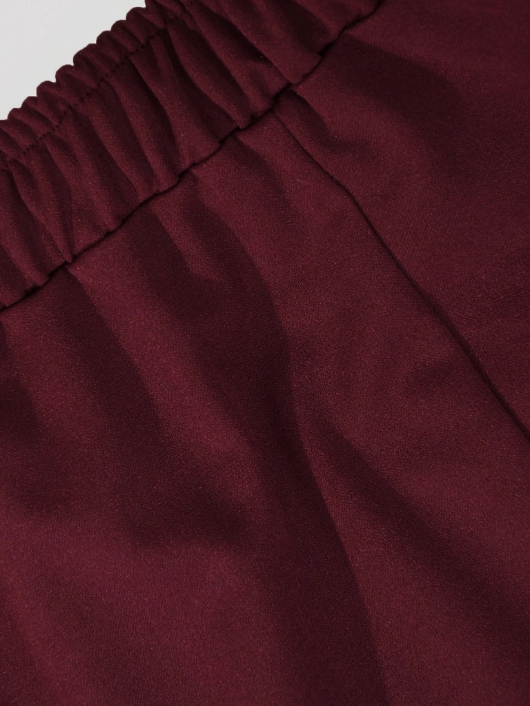 Elegancka bordowa spódnica trapezowa midi – elastyczny pas wysmuklający biodra i koronka 41616