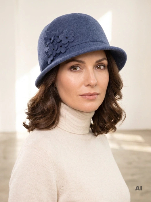 Elegancki kapelusz damski cloche jeansowy na zimę – ocieplany model z regulacją i kwiatem 42386