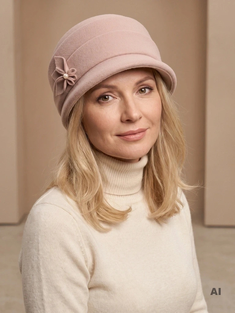 Jasnobeżowy kapelusz damski cloche – ocieplany model z ozdobną wstawką 42428