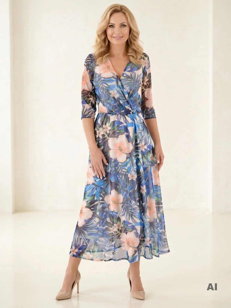 Elegancka rozkloszowana sukienka maxi w kwiaty – wysmuklający kopertowy dekolt i rękaw 3/4 37956