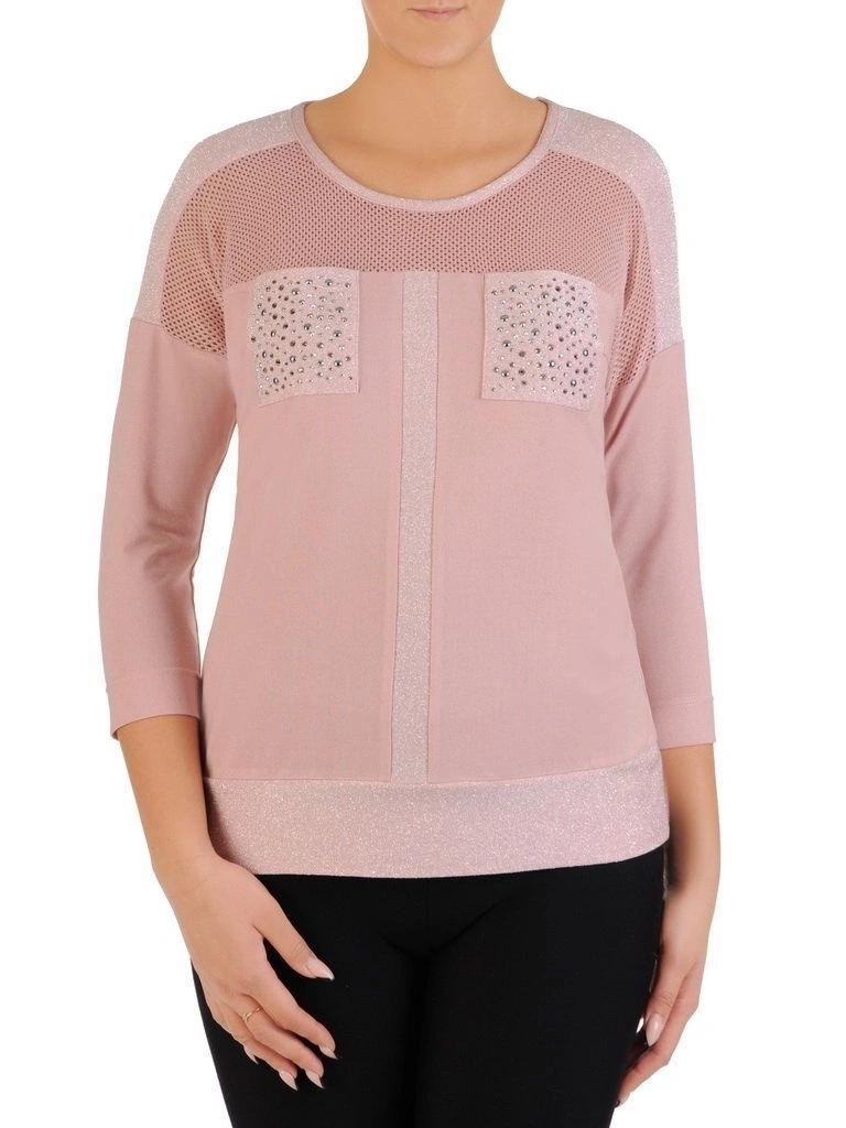 Elegancka bluzka wizytowa w odcieniu pudrowego różu – prosty fason ze srebrnym zdobieniem 27856