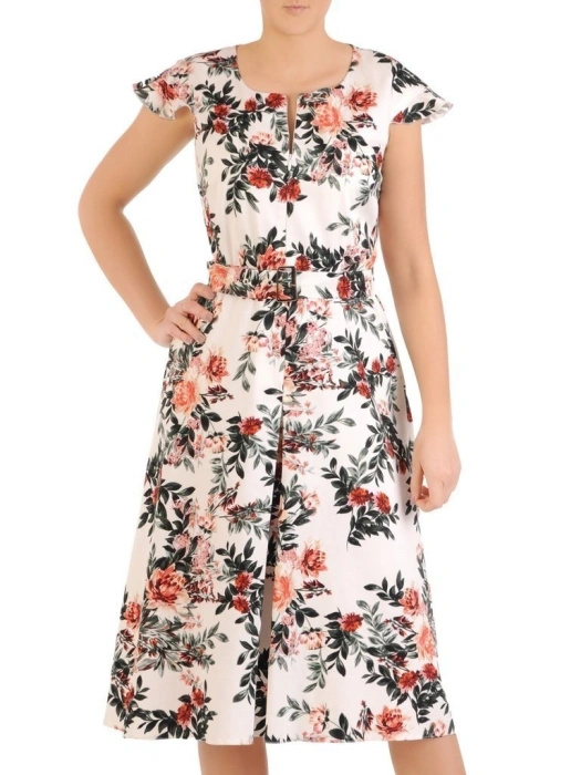 Wielobarwna sukienka rozkloszowana midi w kwiaty z paskiem – ozdobny suwak z przodu 28942