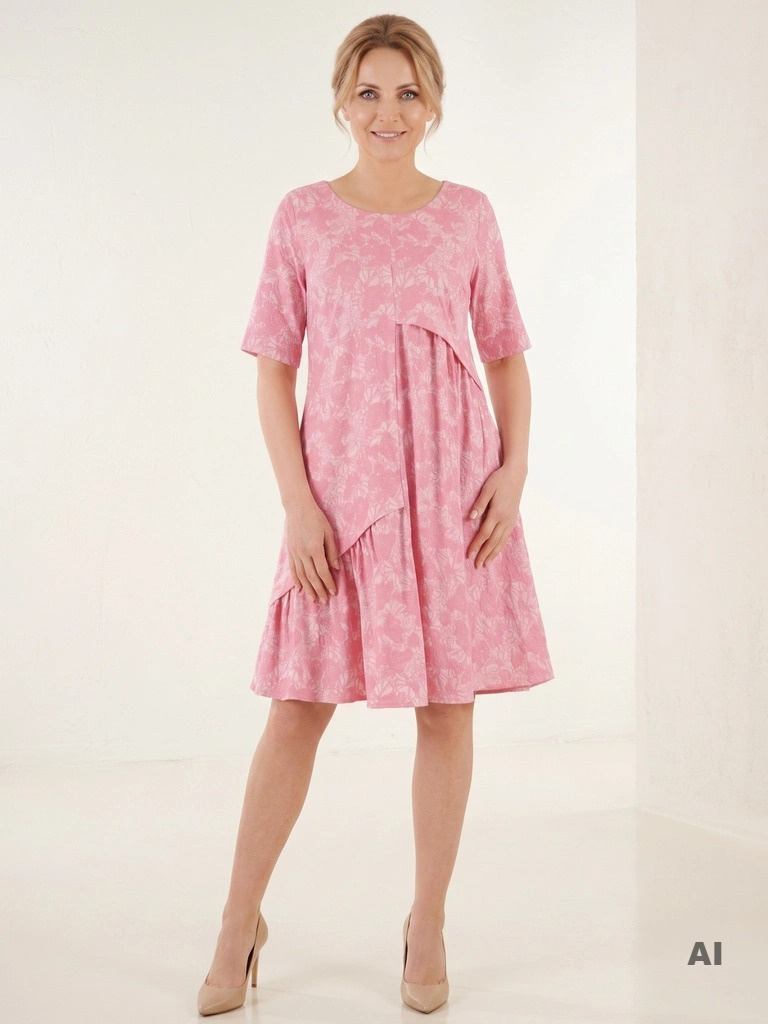 Elegancka sukienka trapezowa midi w kwiaty – kobiecy krój subtelnie modelujący sylwetkę 35713