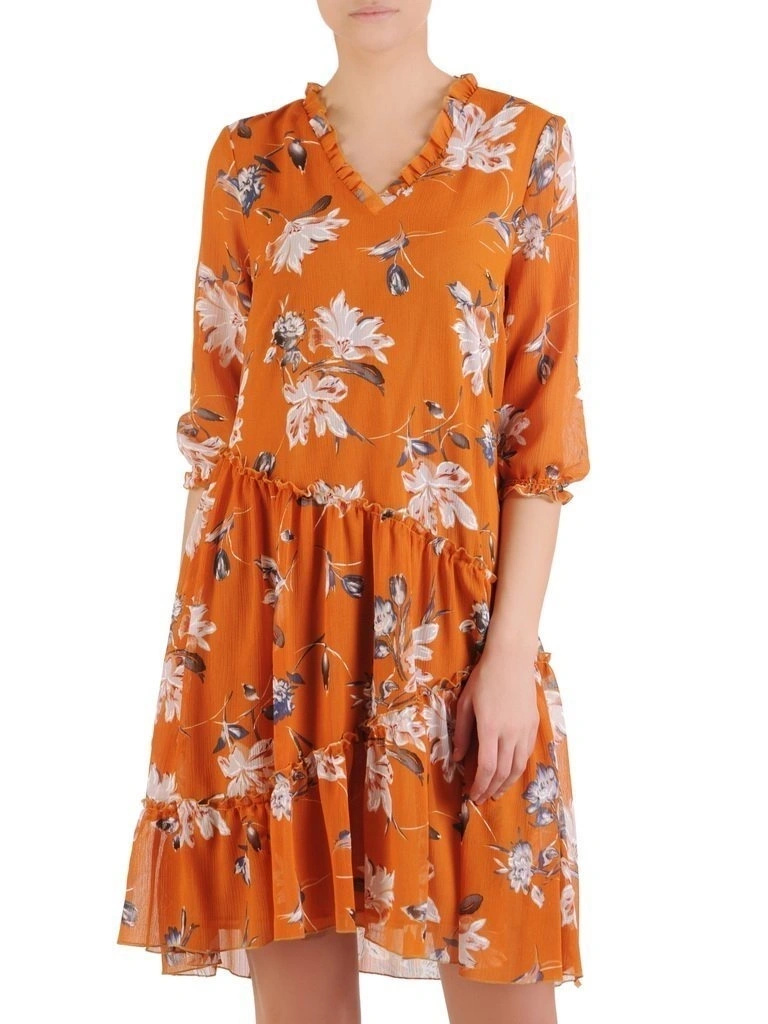 Elegancka sukienka trapezowa midi w jesienne kwiaty – swobodny krój maskujący biodra 25262