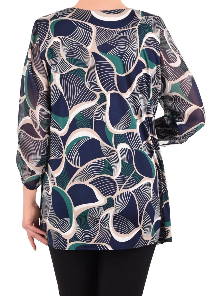 Granatowa tunika plus size z abstrakcyjnym wzorem – luźny fason z szyfonem i efektem narzutki 41085