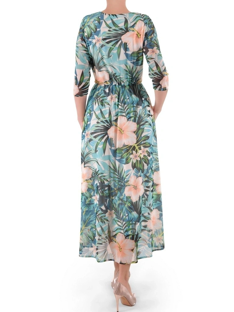 Elegancka zielona sukienka maxi rozkloszowana w kwiaty – wygodna gumka w pasie podkreślająca talię 37957