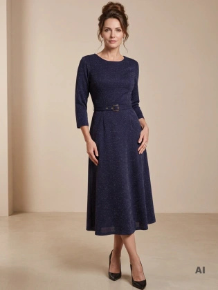 Granatowa suknia balowa maxi na sylwestra i andrzejki – rozkloszowany fason z paskiem modelującym talię 40851