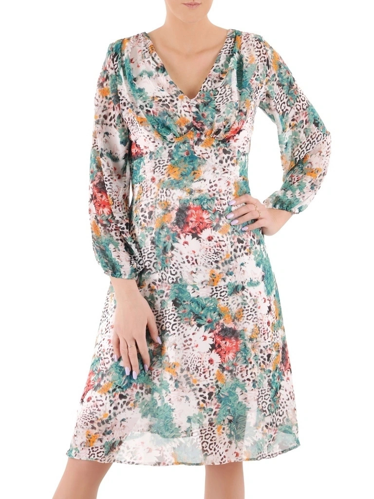 Elegancka sukienka rozkloszowana midi w kwiaty – marszczony dekolt i fason modelujący talię 38033