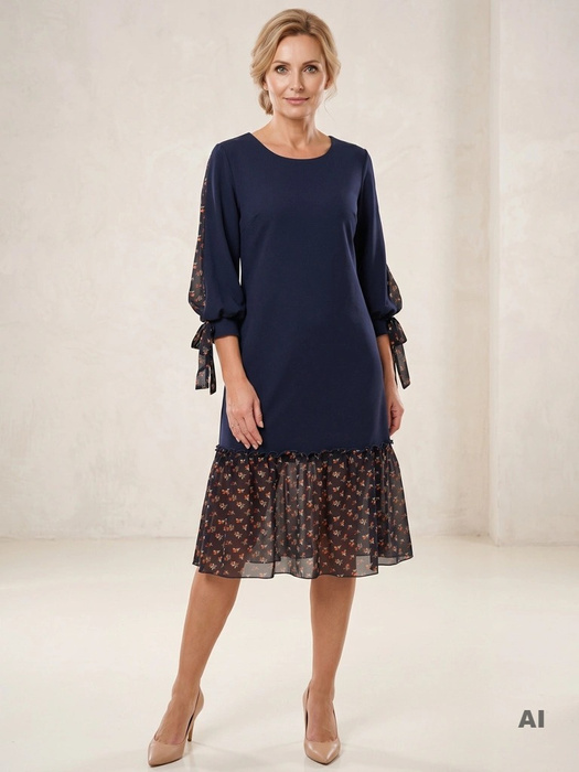 Elegancka sukienka syrenka midi w kwiatowy wzór – efektowne rękawy z kokardami 31718