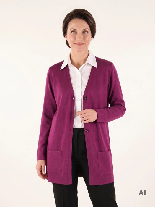 Elegancki sweter damski rozpinany w kolorze fuksji – prosty krój z kieszeniami i dekoltem w serek 40503