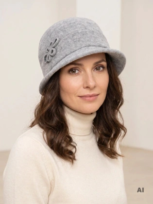 Elegancki szary kapelusz cloche z wywiniętym rondem – stylowe nakrycie głowy z regulacją 42455