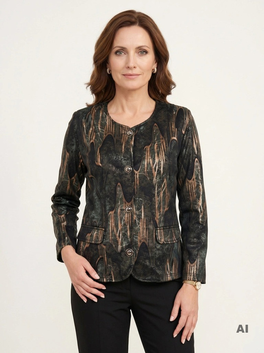 Wzorzysty żakiet damski do sukienki na wesele – prosty krój z ozdobnymi klapami 41388