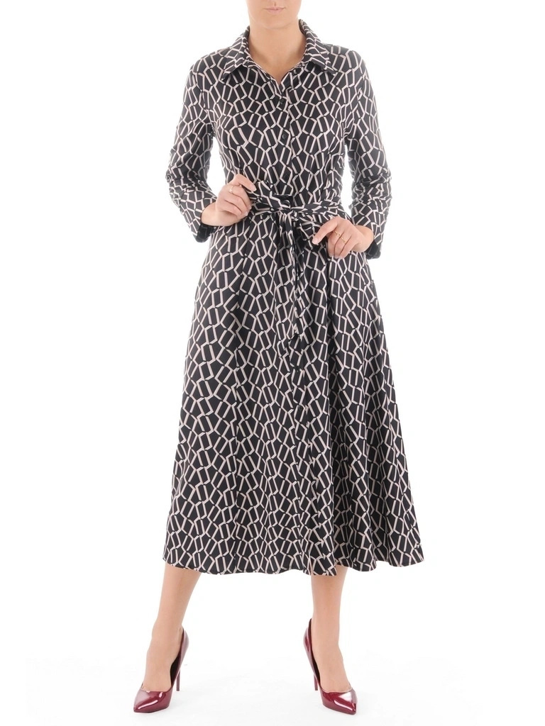 Elegancka czarna sukienka maxi rozkloszowana – stylowy fason z kołnierzykiem i paskiem w talii 38630