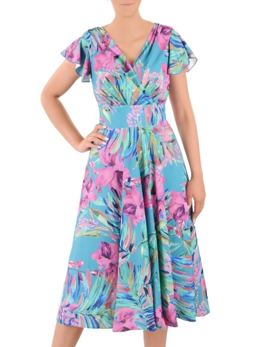 Elegancka sukienka rozkloszowana midi w kwiaty – kopertowy krój akcentujący talię 36349