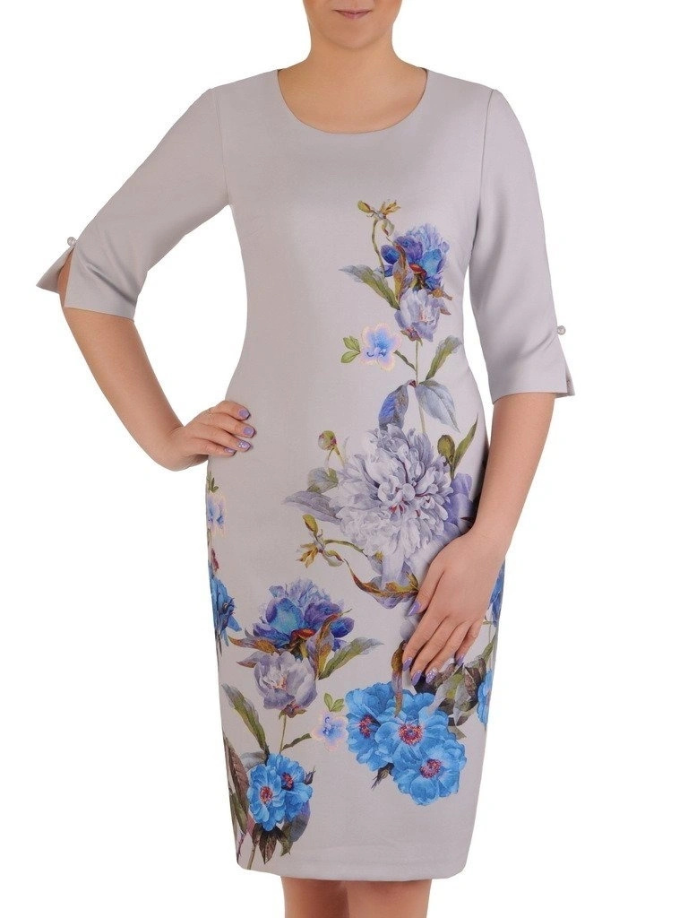 Elegancka prosta sukienka midi w kwiaty – wysmuklający krój z ozdobnymi guzikami 20373