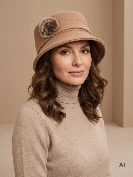 Elegancki kapelusz damski cloche w odcieniu beżu – regulowany fason z ciepłą podszewką 42362