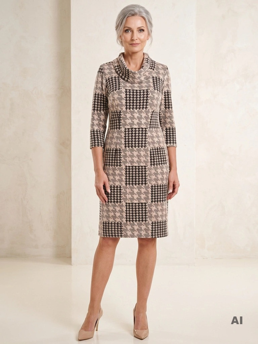 Elegancka sukienka midi w pepitkę o prostym kroju – odpinany komin i ponadczasowy styl do biura 36565