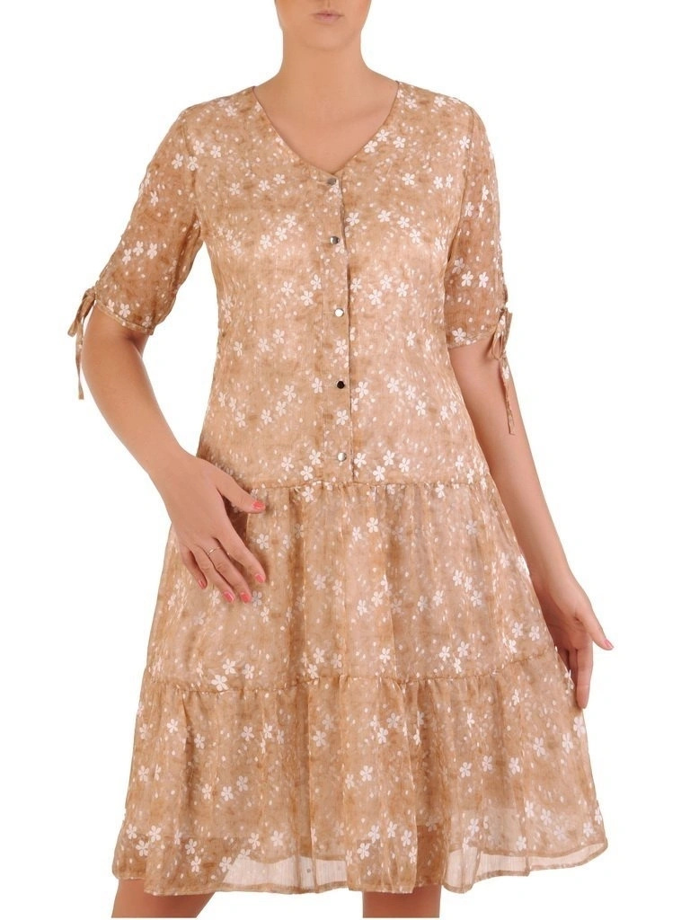 Elegancka sukienka trapezowa w kwiaty midi – tuszujący krój z wiązanym rękawem 26165