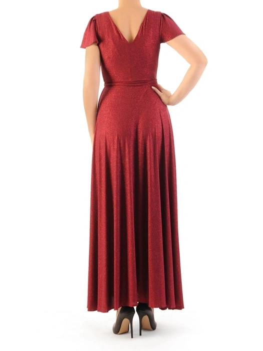 Wiśniowa sukienka balowa maxi na wesele z brokatem – wysmuklające rozcięcie i pasek w talii 34527
