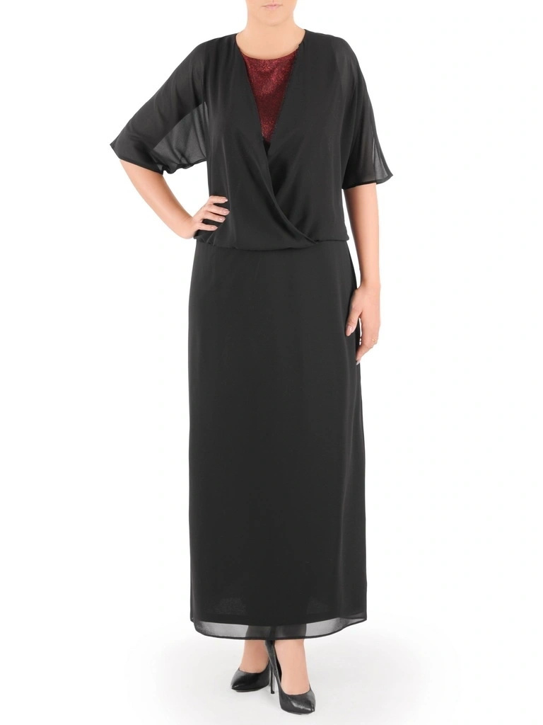 Elegancka czarno-bordowa sukienka wieczorowa maxi – rozkloszowany krój z efektowną narzutką 36483