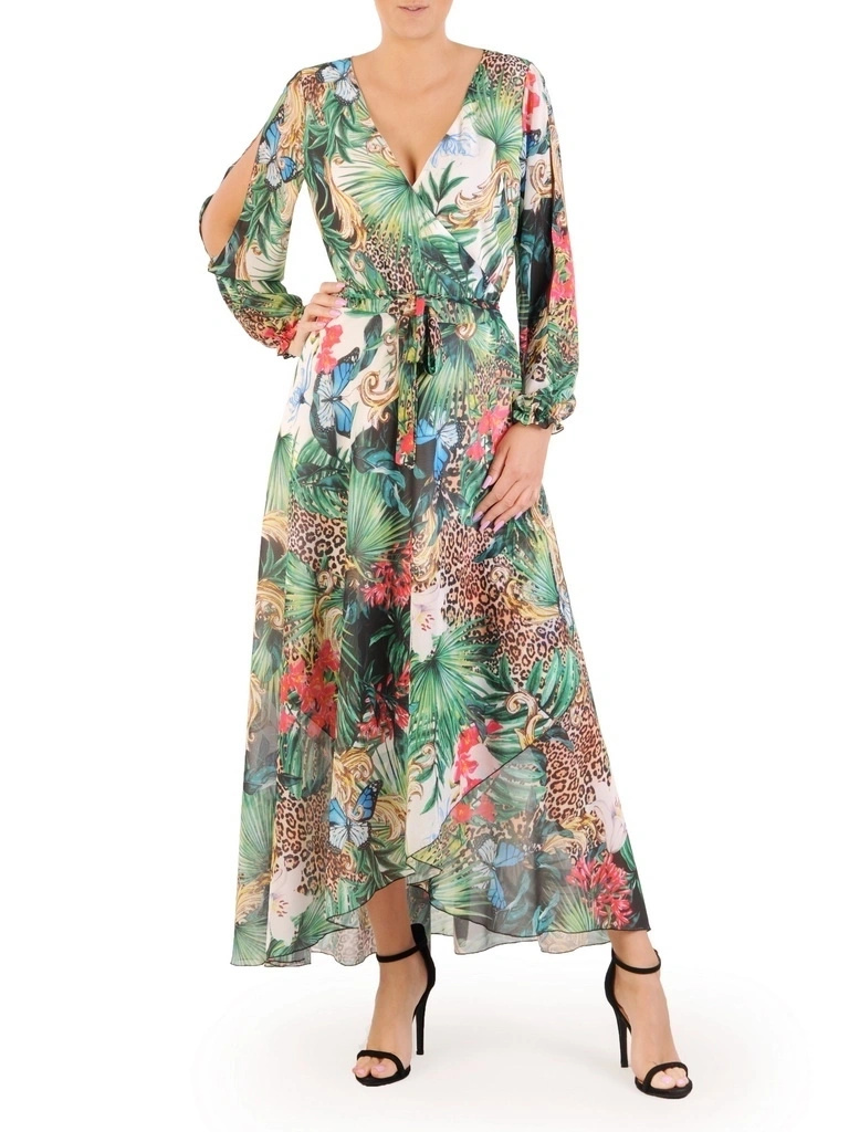 Wzorzysta sukienka rozkloszowana maxi – kobiecy fason z kopertowym dekoltem 33783