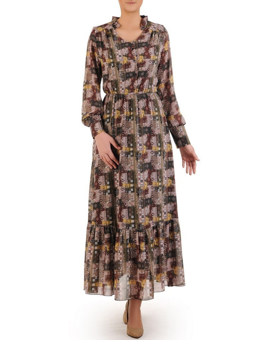 Sukienka maxi z guzikami przy dekolcie, modna kreacja z szyfonu 25020