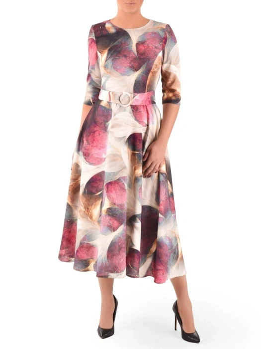 Elegancka rozkloszowana sukienka midi w modny wzór – model z paskiem pięknie modelujący sylwetkę 40499