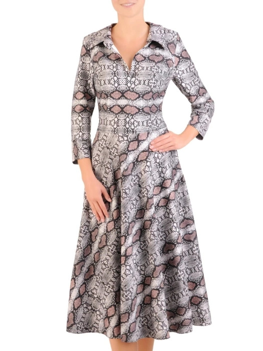 Szara sukienka maxi w zwierzęcy wzór – rozkloszowana kreacja z kołnierzykiem i rękawem 3/4 30610