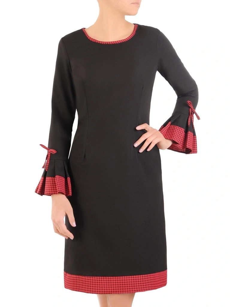 Elegancka czarna sukienka w pepitkę midi – prosty krój z czerwonymi detalami i kokardkami 31421