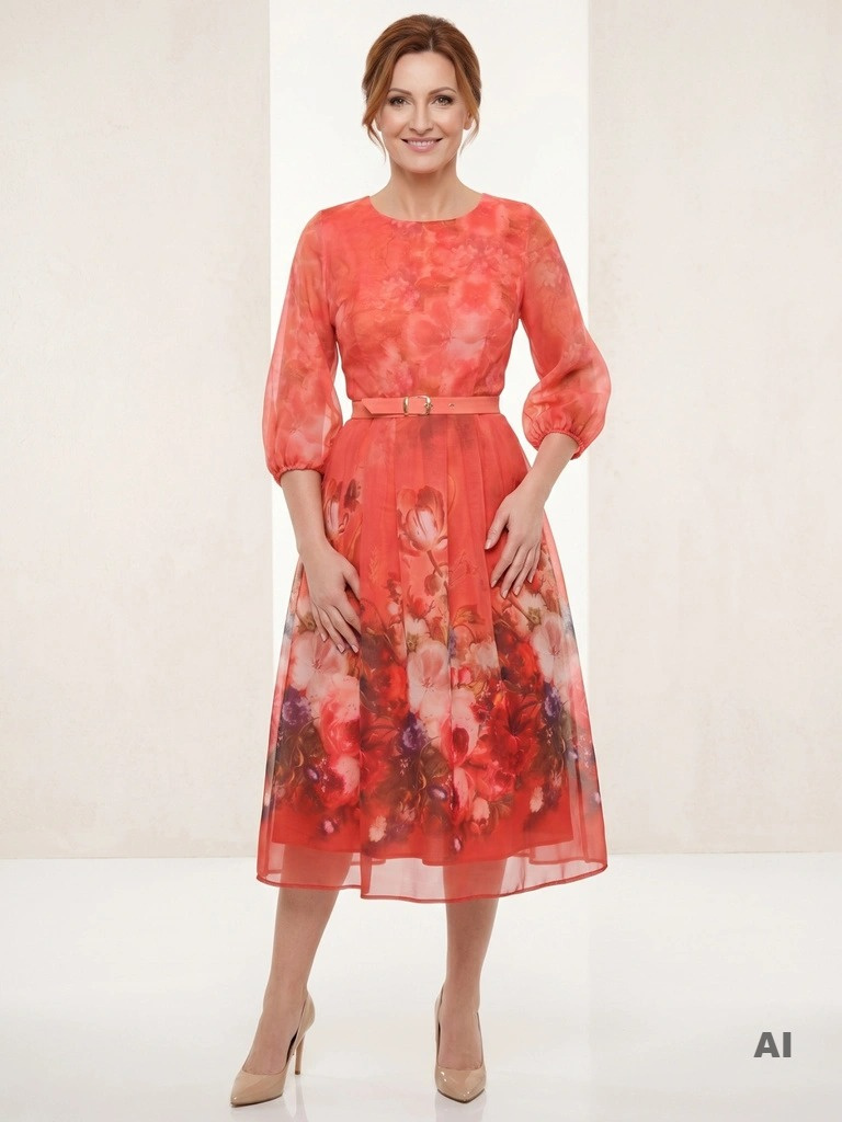 Elegancka sukienka rozkloszowana maxi w kwiaty – kobiecy krój pięknie modelujący sylwetkę 39275
