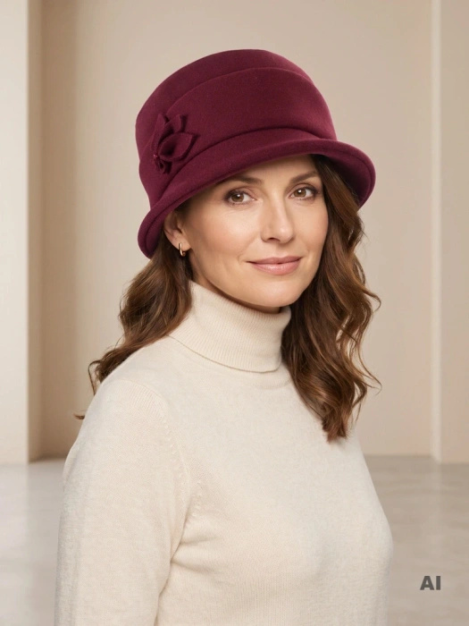 Elegancki kapelusz damski zimowy cloche w odcieniu bordo – ciepłe podszycie i regulacja obwodu 42414