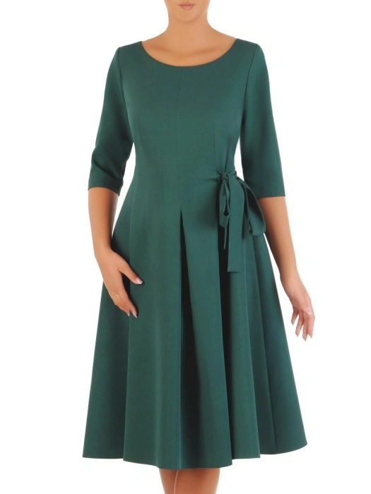 Elegancka zielona sukienka rozkloszowana midi – fason z kontrafałdami i kokardą w talii 26981