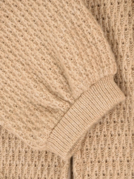 Elegancki sweter damski na suwak w odcieniu beżowym – prosty krój z kapturem i bufiastym rękawem 42177