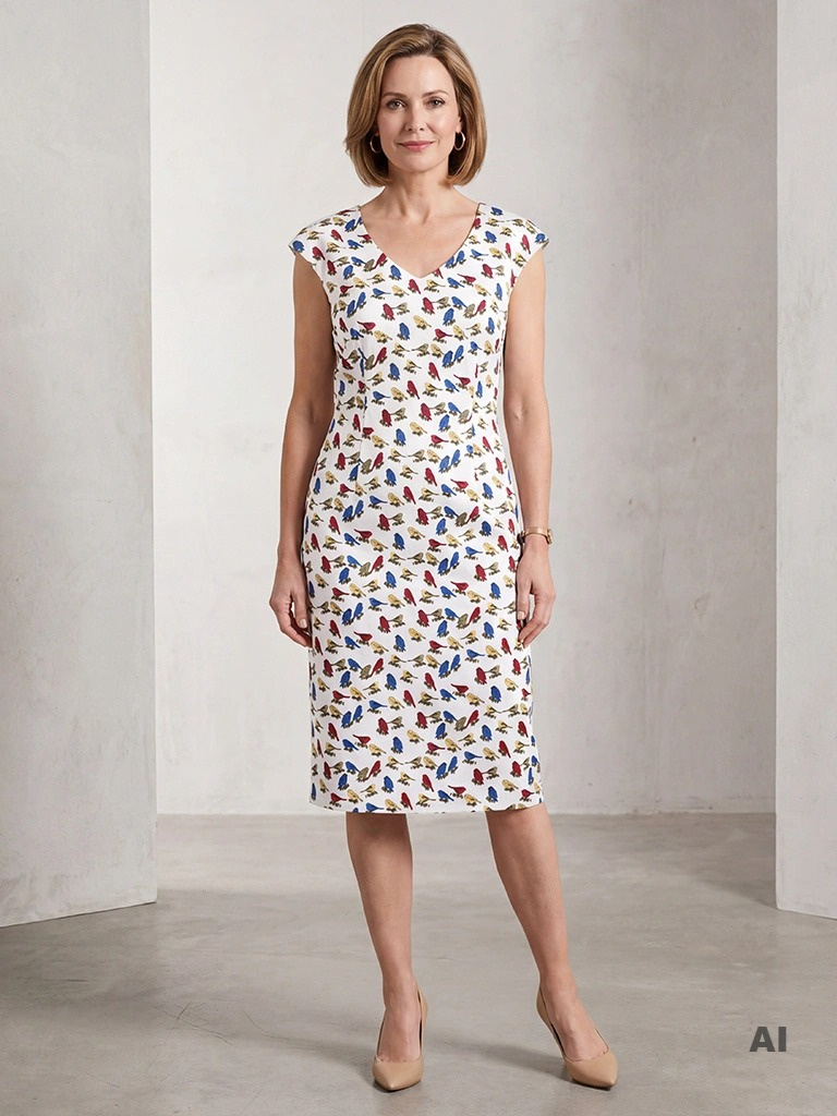Letnia sukienka midi w zwierzęcy wzór z dekoltem v-neck – prosty fason z rozcięciem z tyłu 6448